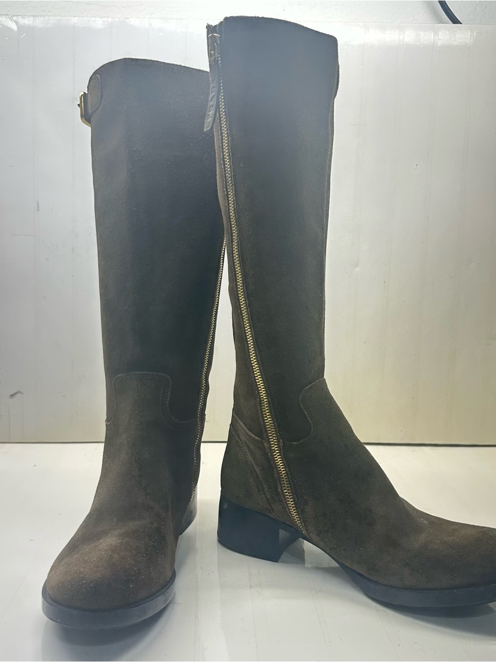 Prada Dark Brown Suede Riding Boots with Side Zip, Size 36